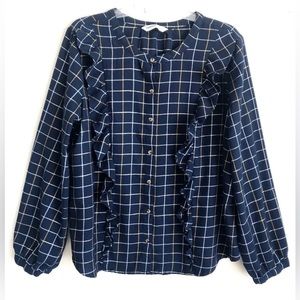 Sonoma Womens L Blue Metallic Ruffled Flannel Shirt Plaid Top Blouse *USED*